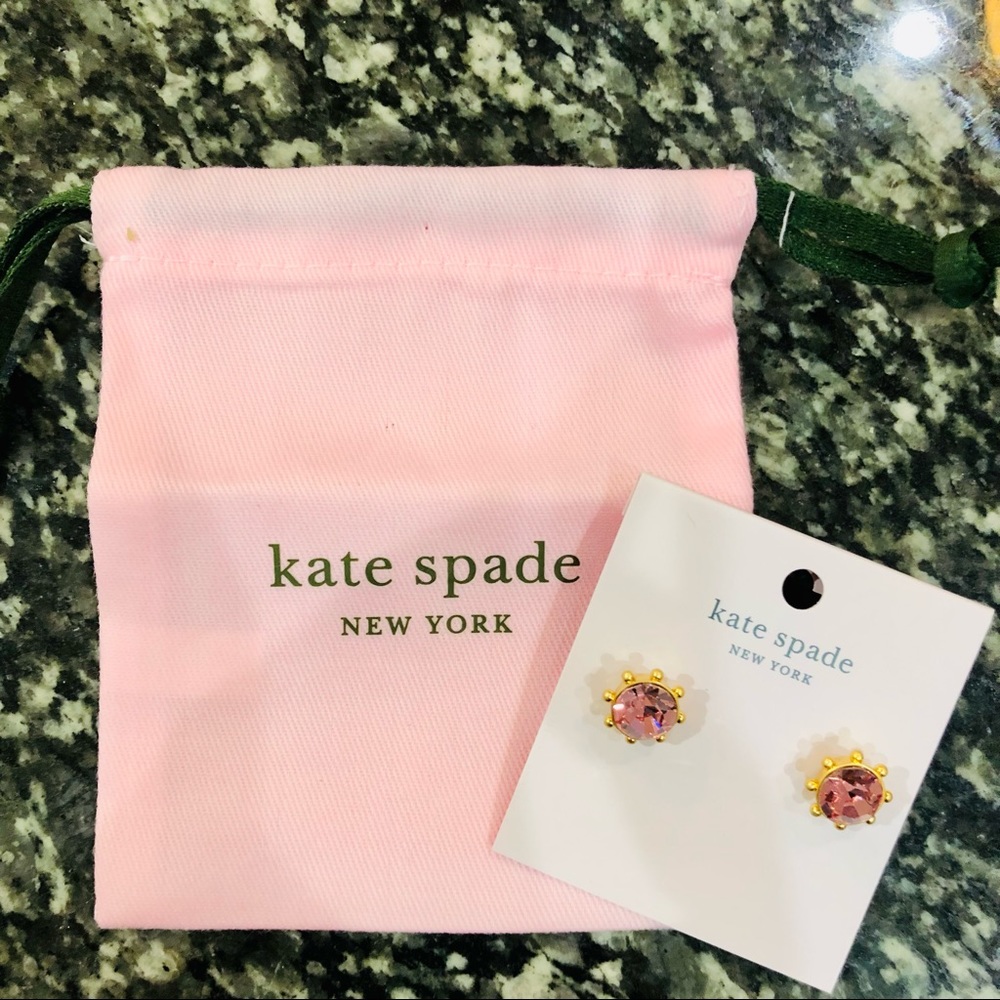 NWT Kate Spade Pink and Gold Flying Colors Bezel Stud Earrings w/ Drawstring Bag